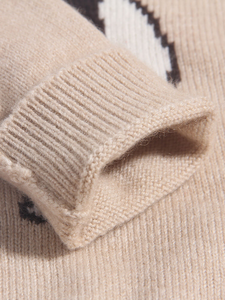 Kids Funny Cartoon Cat and Fish Beige Cashmere Crewneck Sweater